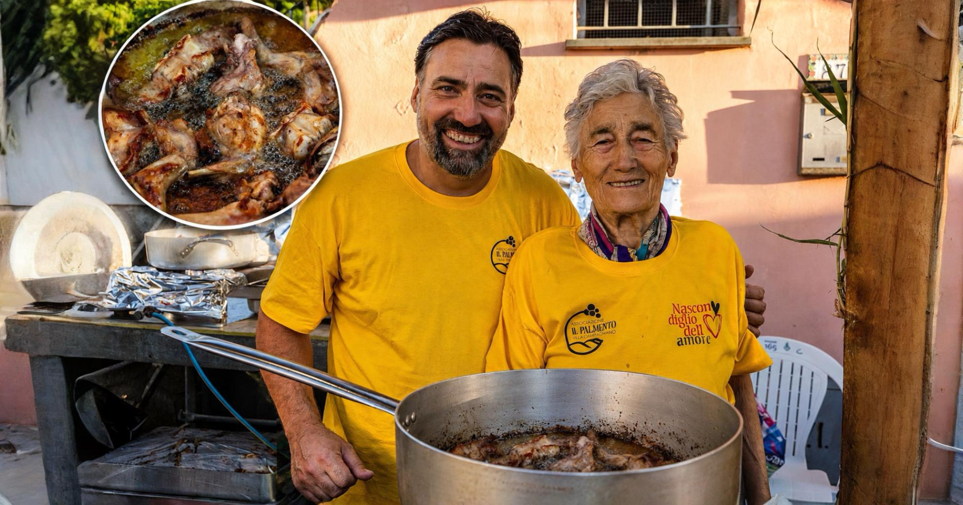 Preparazione del tradizionale coniglio all'ischitana durante la prima Sagra del Coniglio a Campagnano, Ischia.
