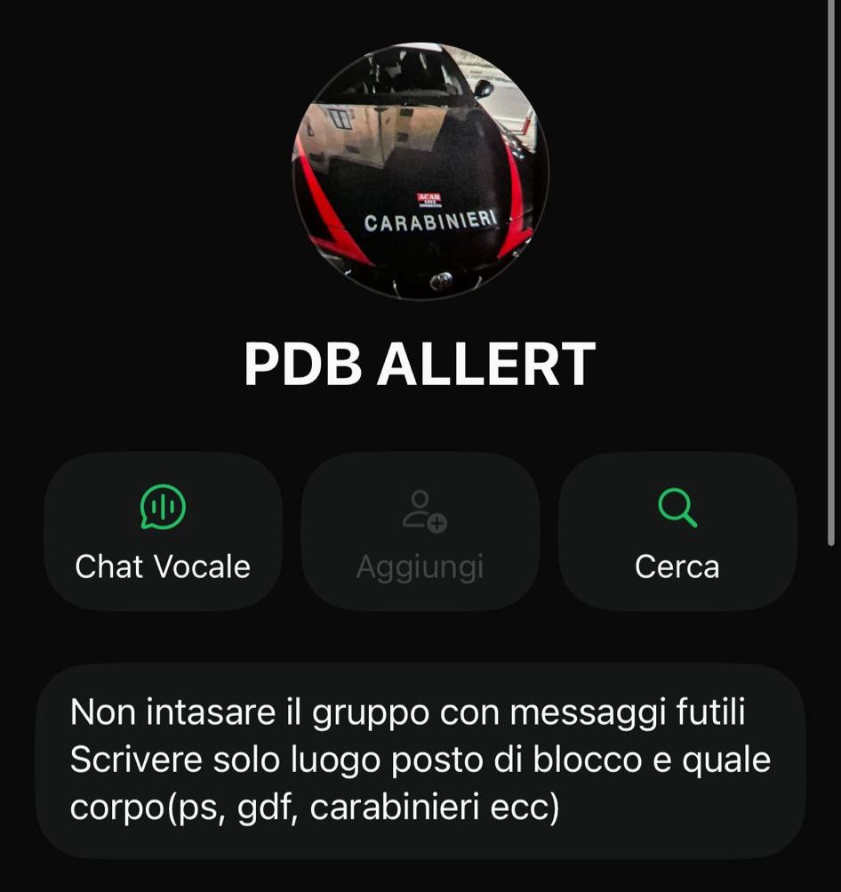 Gruppo Whatsapp per segnalare i movimenti dei carabinieri